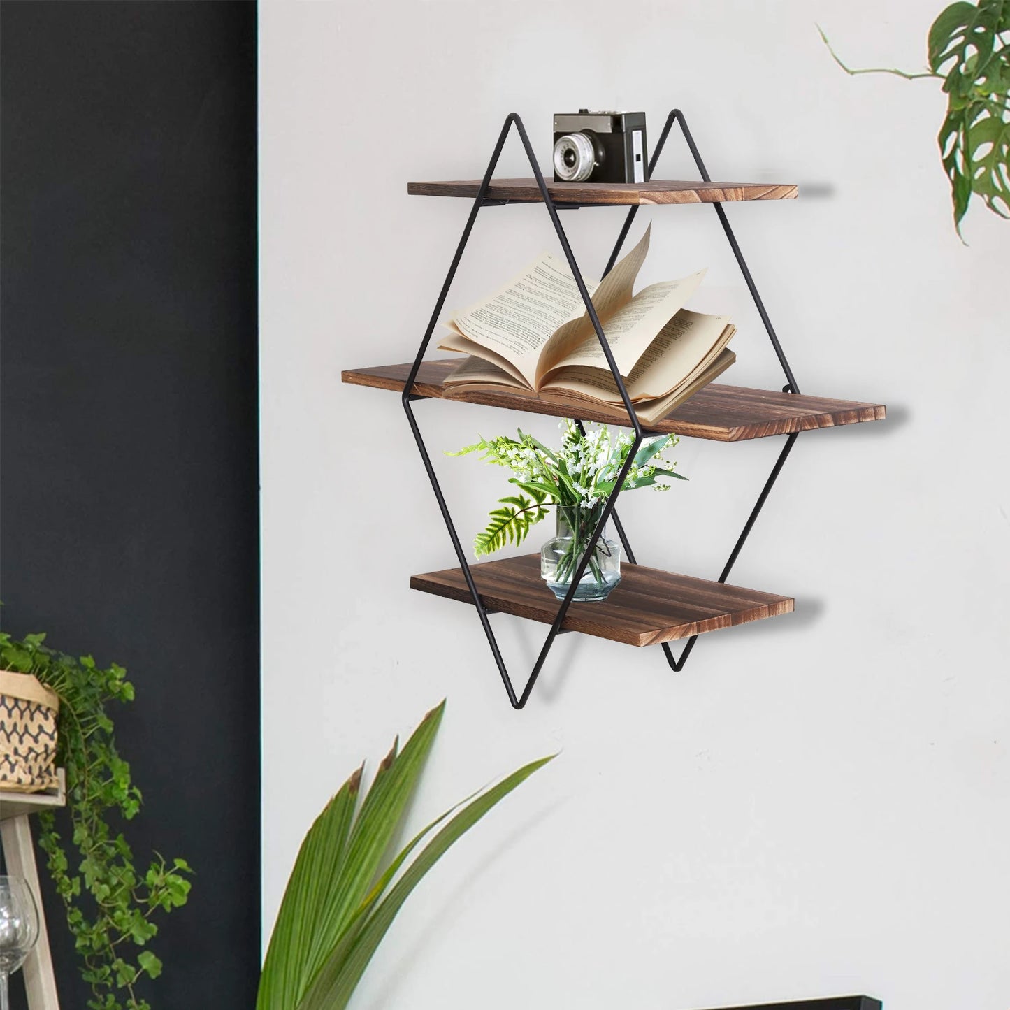 3 Tier Industrial Geometry Wood Floating Shelf