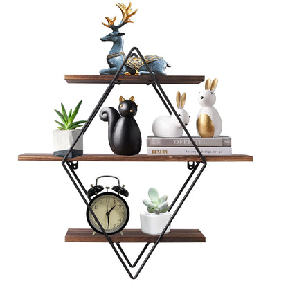 3 Tier Industrial Geometry Wood Floating Shelf