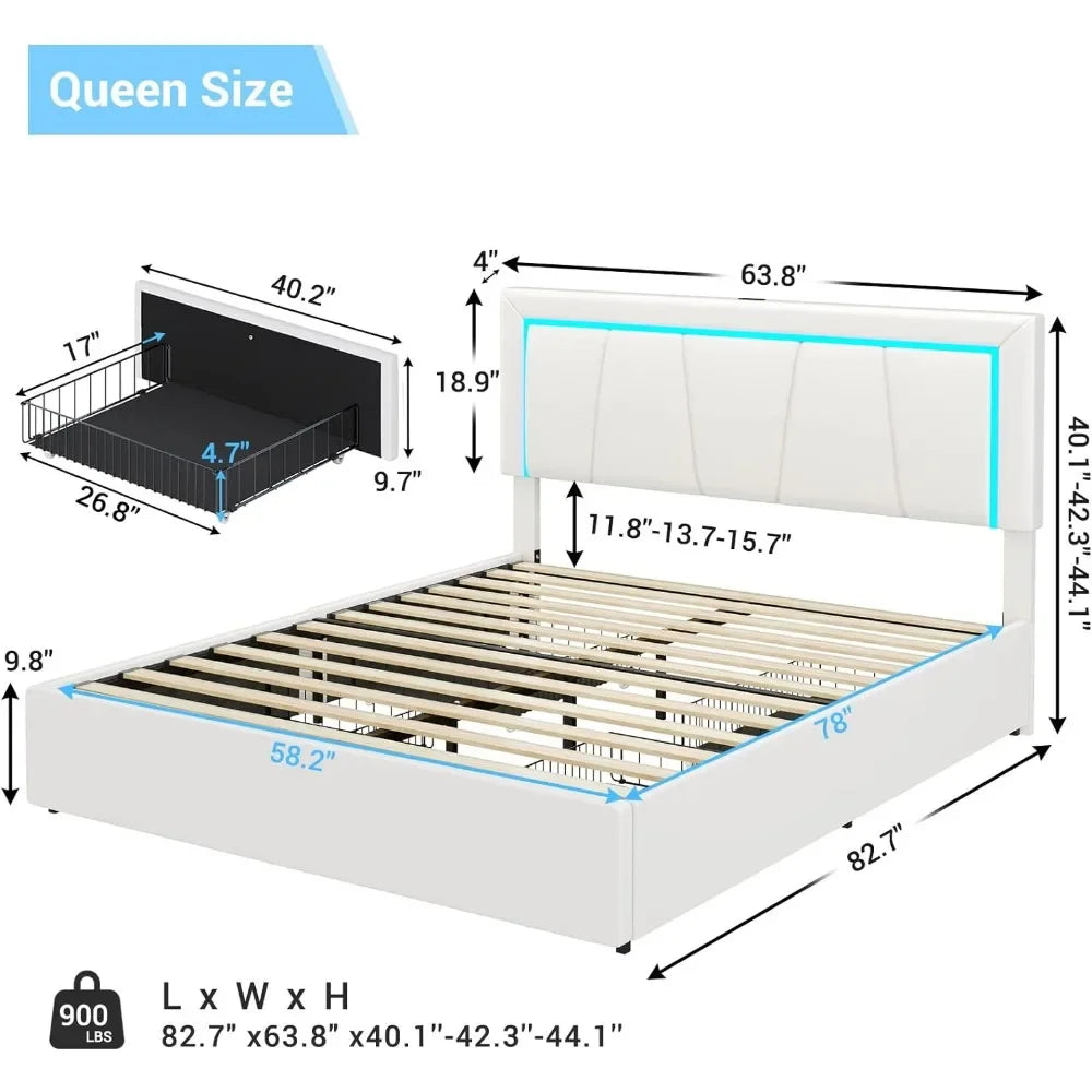 Queen Size LED Bed Frame, with Storage Drawer