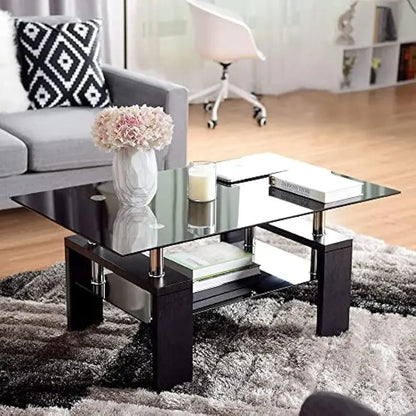 Rectangle Side Glass Coffee Table, 2Tier Center Table