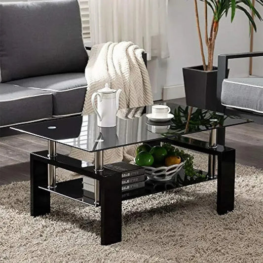 Rectangle Side Glass Coffee Table, 2Tier Center Table